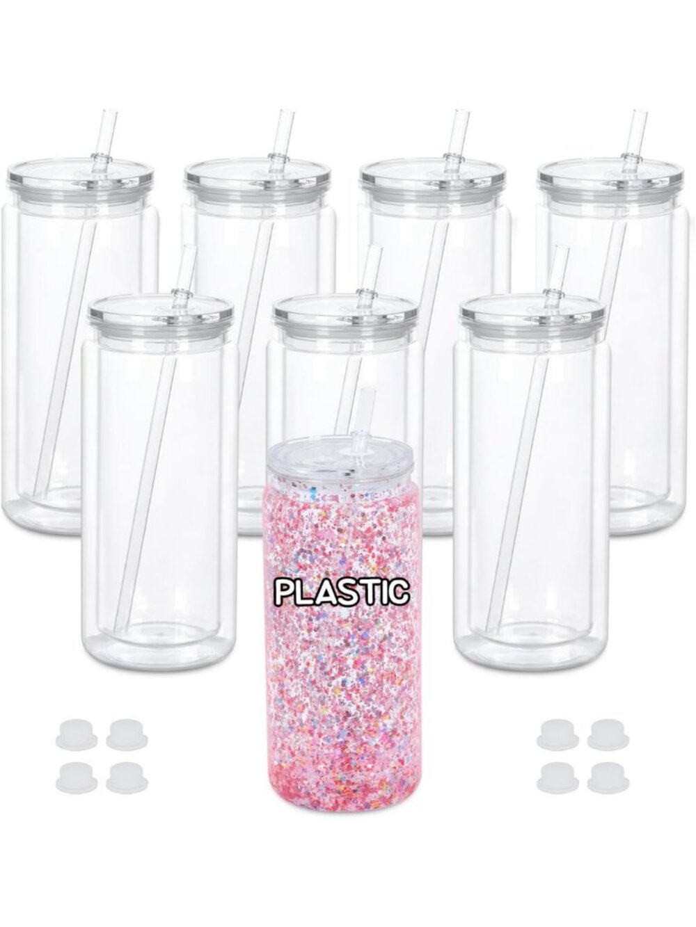 20 Oz Double Wall Snow Globe Tumblers - 8 Pack Clear Acrylic Cups with Lids